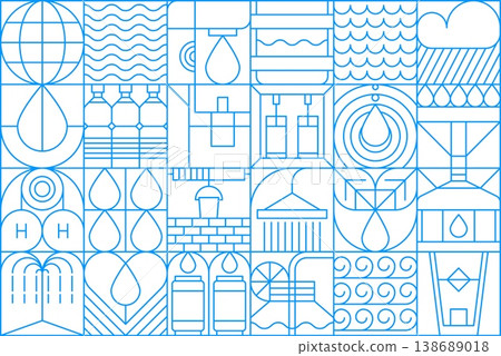 Abstract water geometric pattern. Blue geometric pattern with waves, rippling seas, and raindrops. Minimalist vector elements including bottles, glasses, ice cubes for World Water Day campaign Abstract water geometric pattern. Blue geometric pattern with waves, rippling seas, and raindrops. Minimalist vector elements including bottles, glasses, ice cubes for World Water Day campaign 138689018