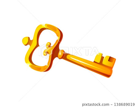 Pirate golden key of Caribbean corsairs treasure chest, cartoon vector game icon. Old golden key of secret vault or treasure box lock of captain ship storage for seafaring and marine pirate icon 138689019