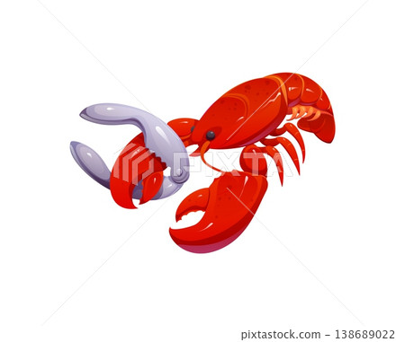Lobster with claw cracking tool. Cartoon vector kitchen scene showing red marine crustacean seafood used for cooking and food preparation, shellfish cuisine, gourmet dinner and culinary process Lobster with claw cracking tool. Cartoon vector kitchen scene showing red marine crustacean seafood used for cooking and food preparation, shellfish cuisine, gourmet dinner and culinary process 138689022