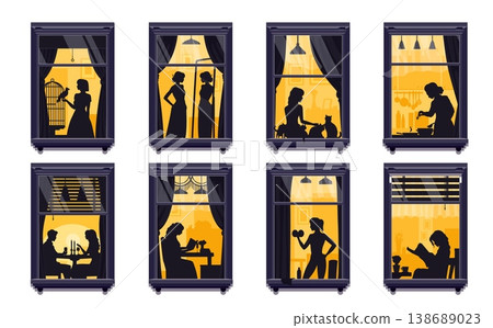 Female silhouettes in neighborhood night windows. Vector house building facade with woman reading, cooking and relaxing, exercising, feeding pets and having conversations. Couple dining by candlelight Female silhouettes in neighborhood night windows. Vector house building facade with woman reading, cooking and relaxing, exercising, feeding pets and having conversations. Couple dining by candlelight 138689023