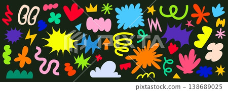 Abstract graphic shapes of organic groovy retro elements. Speech bubble, textbox and talk stickers. Vector set of hippie psychedelic blobs, hearts, stars, swirls and expressive decorative elements Abstract graphic shapes of organic groovy retro elements. Speech bubble, textbox and talk stickers. Vector set of hippie psychedelic blobs, hearts, stars, swirls and expressive decorative elements 138689025