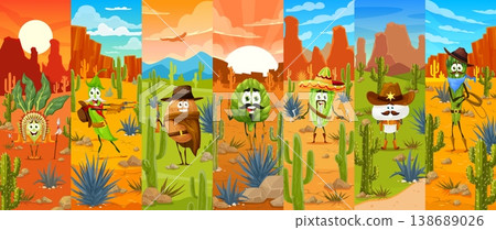Cartoon vegetables collage with cowboys and bandit characters. Corn in feather headdress, chili pepper with gun, potato with a revolver, broccoli with pistol, lettuce in sombrero, asparagus with lasso 138689026