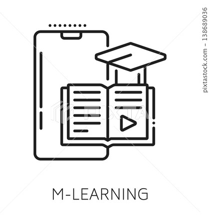 Corporate LMS m learning line icon or pictogram. Business education course technology line sign, training program platform vector symbol. LMS software icon with smartphone, book and graduation cap 138689036