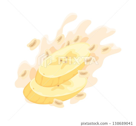 Cartoon oatmeal grains with milk splash and banana fruit slices. Vector scattered oat grains, isolated breakfast food. Creamy cereal pieces with dynamic splash, fresh morning nutrition, healthy eating 138689041