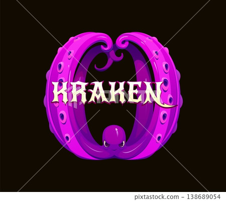 Cartoon pirate kraken heraldry emblem with curled purple octopus tentacles, heraldry icon, game asset with bold lettering. Vector mythology maritime danger and adventure icon with fantasy sea monster 138689054