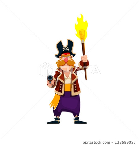 Cartoon pirate captain character with burning torch and aiming gun. Vector mustached corsair sailor adventure story personage, danger menacing boatswain seaman, bearded filibuster hunts treasures 138689055