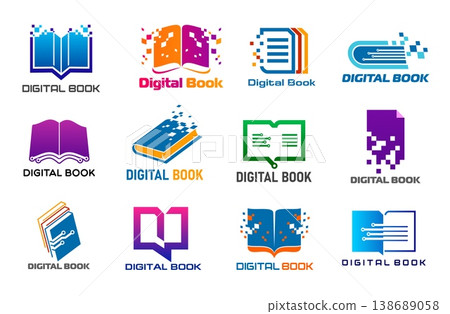 Digital online book icons of vector education, digital library or e book symbols set. Opened book, dictionary, paper document or diary isolated silhouettes with color pixel and circuit pattern 138689058