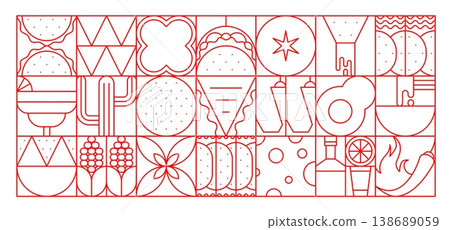 Mexican cuisine food geometric abstract pattern. Vector red line art background with tacos, avocado, chili pepper, corn, cacti, lime, bottle, maracas and tortilla chips arranged in modular mosaic grid 138689059
