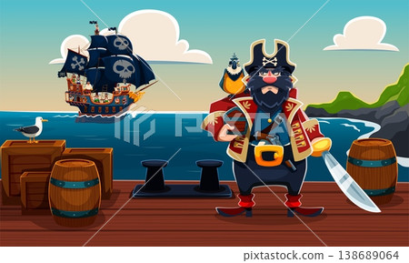Pirate captain with sword and treasures chest on the port pier. Cartoon vector corsair sailor character with parrot on shoulder stands near barrels. Adventurous nautical scene with galleon ship in sea 138689064