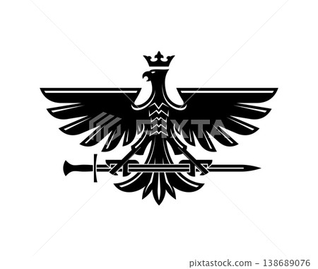 Medieval eagle bird with sword, heraldic royal icon. Hawk antique heraldic vector icon, bird of pray medieval heraldry symbol. Falcon or eagle emblem with spread wings, crown and sword in fangs Medieval eagle bird with sword, heraldic royal icon. Hawk antique heraldic vector icon, bird of pray medieval heraldry symbol. Falcon or eagle emblem with spread wings, crown and sword in fangs 138689076