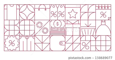 Shopping and retail sale geometric abstract pattern. Vector grid background with linear discount icons like percentage signs, price tags, shopping bags, clothes, wallets, and gift boxes for sales 138689077