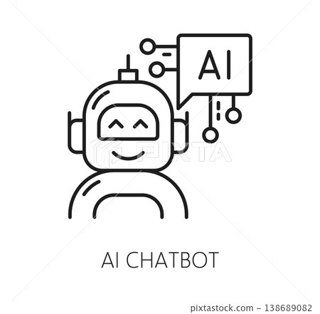 Ai artificial intelligence technology icon with chatbot. Modern technology vector line symbol with smiling robot assistant and speech bubble showing ai text. Outline bot with circuit connection Ai artificial intelligence technology icon with chatbot. Modern technology vector line symbol with smiling robot assistant and speech bubble showing ai text. Outline bot with circuit connection 138689082
