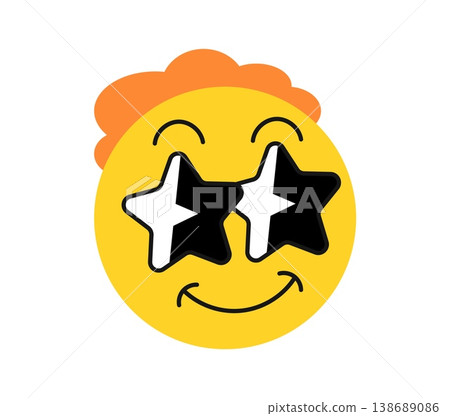 Vintage Y2K groovy emoji face in star sunglasses sticker or funky label. Retro 90s vector patch, funky cool sticker. Vintage 2000s tag or Y2K nostalgic label with cheerful emoji face personages Vintage Y2K groovy emoji face in star sunglasses sticker or funky label. Retro 90s vector patch, funky cool sticker. Vintage 2000s tag or Y2K nostalgic label with cheerful emoji face personages 138689086