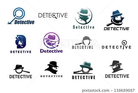 Private detective icons, vector secret agent, spy, police inspector or mafia gangster. Mystery man and dog heads silhouettes with hats, magnifying glasses and smoking pipe symbols of detective agency Private detective icons, vector secret agent, spy, police inspector or mafia gangster. Mystery man and dog heads silhouettes with hats, magnifying glasses and smoking pipe symbols of detective agency 138689087