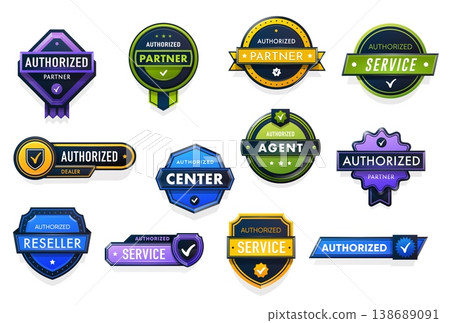 Official mark labels, authorized dealer seller and distributor seals. Vector color shield and round stickers with checks marks and ribbons for certified business, authorized retail company and dealer 138689091