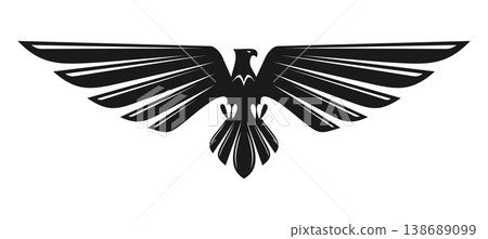 Black eagle flying bird abstract icon or label. Black bird of prey graphic emblem, eagle bird company icon. Hunting hawk heraldic sign 138689099
