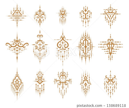 Sacred oriental thai symbols and embellishment decorations. Vector gold talisman, tattoo or mystic amulet isolated symbols set with ancient thai geometric pattern and sacred oriental elements 138689118