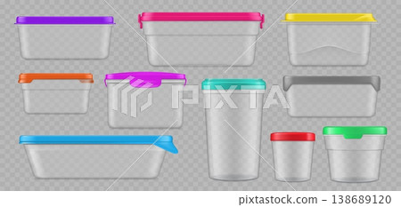 Realistic plastic containers, food packages vector mock ups isolated on transparent background. 3d clear plastic box, jar and bucket with color lids and latches. Round, rectangular reusable containers 138689120