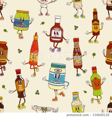 Groovy sauce characters seamless pattern. Textile seamless background or fabric retro vector pattern with guacamole, barbeque, tabasco, wasabi and mayonnaise, soy, tartar sauce bottle groovy personage Groovy sauce characters seamless pattern. Textile seamless background or fabric retro vector pattern with guacamole, barbeque, tabasco, wasabi and mayonnaise, soy, tartar sauce bottle groovy personage 138689126