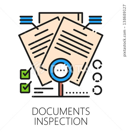 Company documents inspection icon or pictogram. Regulatory certification sign, documents inspection color line vector pictogram. Product quality control icon or symbol with papers and magnifying glass Company documents inspection icon or pictogram. Regulatory certification sign, documents inspection color line vector pictogram. Product quality control icon or symbol with papers and magnifying glass 138689127