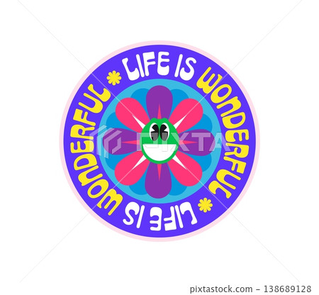 Life is wonderful Y2K groovy sticker or retro tag. Funny 80s groovy vector label, cute Y2K patch. Sticker or tag with positive phrase typography and chamomile flower happy character Life is wonderful Y2K groovy sticker or retro tag. Funny 80s groovy vector label, cute Y2K patch. Sticker or tag with positive phrase typography and chamomile flower happy character 138689128