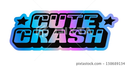 Cute crash hologram vintage Y2K sticker or symbol. Reflective iridescent Y2K tag, glossy hologram 60s 70s vector sticker. Gradient chrome holographic patch or label with retro typography Cute crash hologram vintage Y2K sticker or symbol. Reflective iridescent Y2K tag, glossy hologram 60s 70s vector sticker. Gradient chrome holographic patch or label with retro typography 138689134