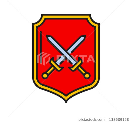 Heraldry red shield with crosses sword color line icon or symbol. Royal heraldry outline symbol, ancient crest sign. Antique Coat of Arms icon 138689138
