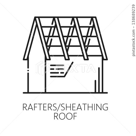 Home roof sheathing rafter repair line icon or pictogram. Cottage house construction service icon, home roof sheathing rafter outline vector sign. Property renovation company symbol or pictogram Home roof sheathing rafter repair line icon or pictogram. Cottage house construction service icon, home roof sheathing rafter outline vector sign. Property renovation company symbol or pictogram 138689239