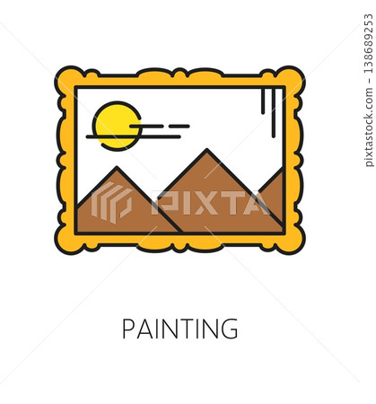 Museum art gallery and exhibition color line icon of painting picture, vector pictogram. Museum antique exhibit or artist culture and art gallery icon of ancient painting artwork masterpiece 138689253