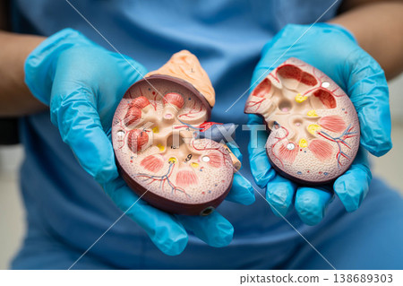 Chronic kidney disease, doctor with model for treatment urinary system, urology, Estimated glomerular filtration rate eGFR. Chronic kidney disease, doctor with model for treatment urinary system, urology, Estimated glomerular filtration rate eGFR. 138689303