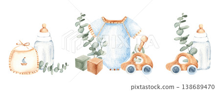 Watercolor baby essentials set with bodysuit, milk bottle and bib, wooden toy car and eucalyptus in soft pastel nursery style. Hand drawn illustration of baby essentials compositions. Perfect for 138689470