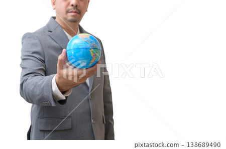 Businessman Holding Earth Globe Symbolizing Global Responsibility and Sustainability Businessman Holding Earth Globe Symbolizing Global Responsibility and Sustainability 138689490