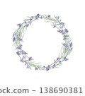 Lavender wreath isolated watercolor round wreath illustration . Sprigs with violet flowers and green leaves in soft colors sticker template with copy space . Hand drawn botanical frame clip art. Lavender wreath isolated watercolor round wreath illustration . Sprigs with violet flowers and green leaves in soft colors sticker template with copy space . Hand drawn botanical frame clip art. 138690381