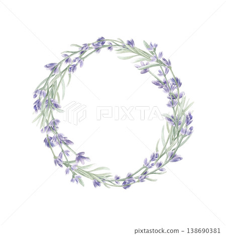 Lavender wreath isolated watercolor round wreath illustration . Sprigs with violet flowers and green leaves in soft colors sticker template with copy space . Hand drawn botanical frame clip art. Lavender wreath isolated watercolor round wreath illustration . Sprigs with violet flowers and green leaves in soft colors sticker template with copy space . Hand drawn botanical frame clip art. 138690381