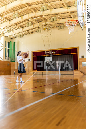 A high school girl holding a basketball in the gymnasium. A high school girl holding a basketball in the gymnasium. 138690503