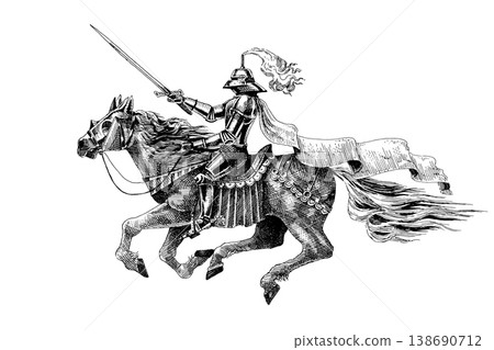 Medieval armoured knight horseback with a sword facing towards. Barded horse jumping in full armour Medieval armoured knight horseback with a sword facing towards. Barded horse jumping in full armour 138690712
