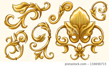 Vintage Baroque or renaissance hand drawn Victorian set of ornament floral elements engraved retro Vintage Baroque or renaissance hand drawn Victorian set of ornament floral elements engraved retro 138690715