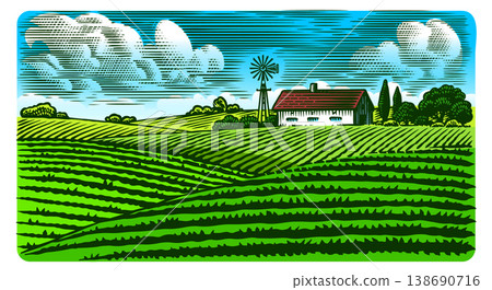 Rustic meadow hand drawn village landscape illustrations with fields, house and windmill. Beautiful 138690716
