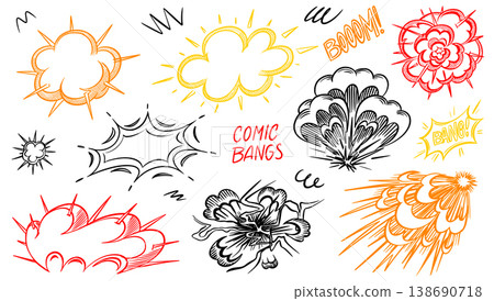 Hand drawn collection of a comic bangs, bursts and explosions in 50s 60s style. Traditional inking 138690718
