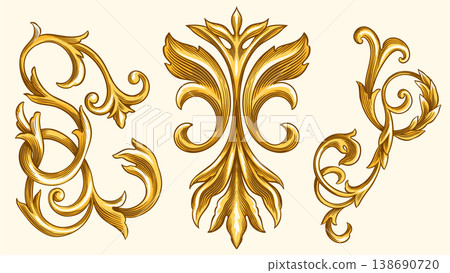 Vintage Baroque or renaissance hand drawn Victorian set of ornament floral elements engraved retro Vintage Baroque or renaissance hand drawn Victorian set of ornament floral elements engraved retro 138690720