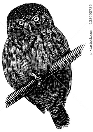 Realistic pygmy owl bird illustration drawing in traditional hand drawn style. Woodcut or engraving 138690726