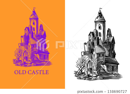 Old castle and tower of a medieval construction. Fortress or Chateau with ruins and walls. Hand Old castle and tower of a medieval construction. Fortress or Chateau with ruins and walls. Hand 138690727