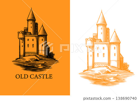 Old castle and tower of a medieval construction. Fortress or Chateau with ruins and walls. Hand Old castle and tower of a medieval construction. Fortress or Chateau with ruins and walls. Hand 138690740
