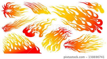 Set of silhouette flame and fire in vintage style. Hand drawn bonfire sketch. Vector clipart Set of silhouette flame and fire in vintage style. Hand drawn bonfire sketch. Vector clipart 138690741