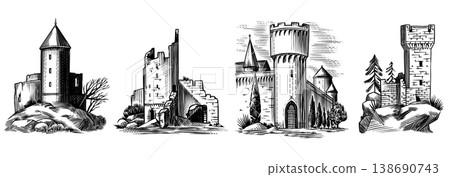 Old castles and towers of a medieval building. Fortress or Chateau with ruins and walls. Hand drawn 138690743
