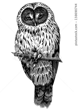 Realistic Ural owl bird illustration drawing in traditional hand drawn style. Woodcut or engraving 138690744