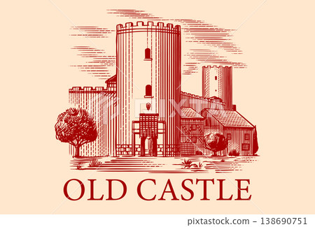 Old castle and tower of a medieval construction. Fortress or Chateau with ruins and walls. Hand Old castle and tower of a medieval construction. Fortress or Chateau with ruins and walls. Hand 138690751