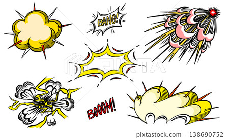 Hand drawn collection of a comic bangs, bursts and explosions in 50s 60s style. Traditional inking Hand drawn collection of a comic bangs, bursts and explosions in 50s 60s style. Traditional inking 138690752