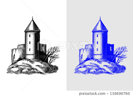Old castle and tower of a medieval construction. Fortress or Chateau with ruins and walls. Hand Old castle and tower of a medieval construction. Fortress or Chateau with ruins and walls. Hand 138690760