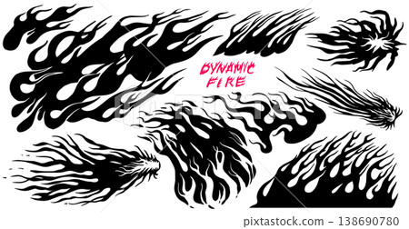 Set of silhouette flame and fire in vintage style. Hand drawn bonfire sketch. Vector clipart Set of silhouette flame and fire in vintage style. Hand drawn bonfire sketch. Vector clipart 138690780